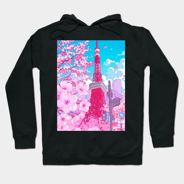 Tokyo Tower and pink cherry blossom Hoodie by AnGo